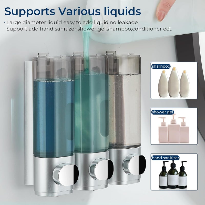 pollock Shampoo and Conditioner Dispenser, Shower Soap Dispenser 3 Chamber No Drill, Wall Mounted Shampoo Body Wash Conditioner for Bathroom Large Capacity Silver - Image 5